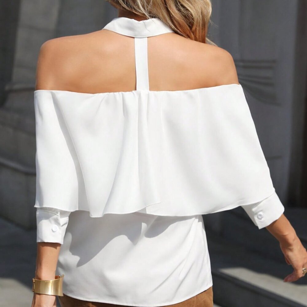 White Casual Women's Off-Shoulder Long Sleeve Blouse - Picture 2 of 6